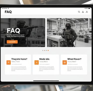 Interactive FAQ layout displaying Zestlet’s tactical gear customization, certifications, shipping, and OEM services.