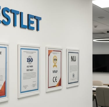 Zestlet’s global certifications including ISO, NIJ, CE, OEKO-TEX, WRAP, and NATO displayed in a corporate showroom in Pakista