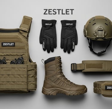 combat uniforms, plate carriers, modular pouches, tactical boots, gloves, helmets, and hydration systems.