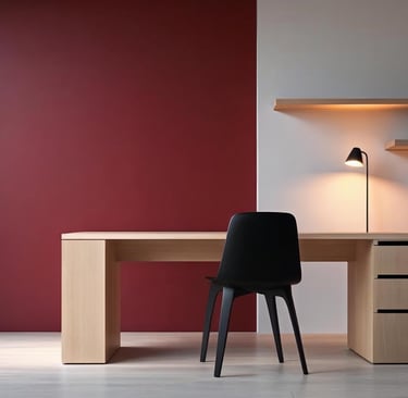 Deep red accent wall behind a wood desk in a home office with black chair and warm lighting.