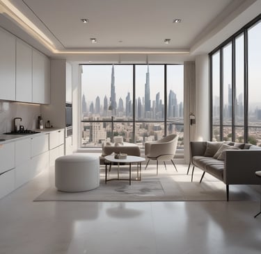a living room with a view of a city