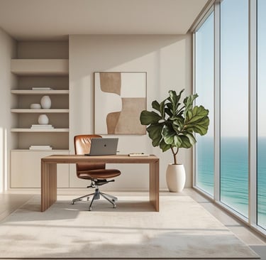 Modern apartment office with wooden desk, large plant, and floor-to-ceiling windows with sea view.