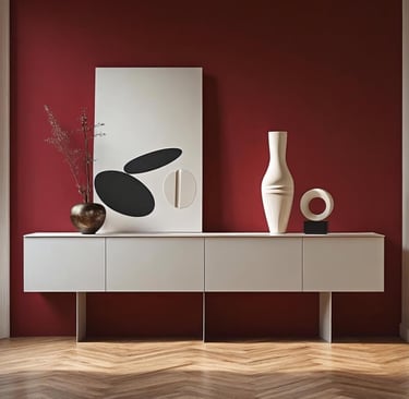 Ruby red painted entryway wall with a console table, sculptural vase, and herringbone flooring.