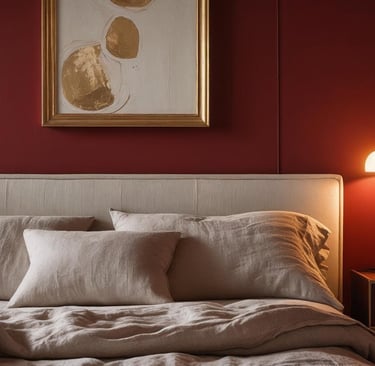 Ruby red bedroom wall behind an upholstered bed with gold-framed artwork and warm lighting.