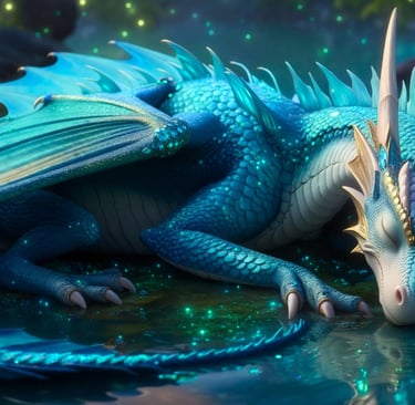 Blue dragon sleeping by a glowing, spark-filled lake.