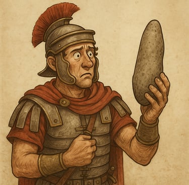 a man in a roman helmet holding a stone shaped like a penis