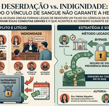 Infográfico comparativo entre deserdação e indignidade no direito sucessório com estratégias de planejamento.