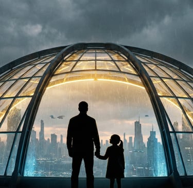a man and a little girl standing in front of a large glass dome