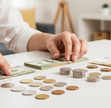 a person holding a stack of money and coins