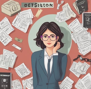 a woman in a suit and glasses surrounded by papers and papers
