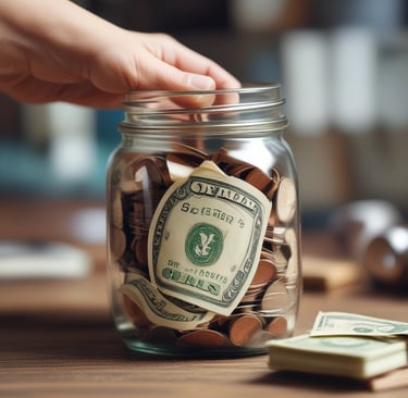a person putting money into a jar of coins