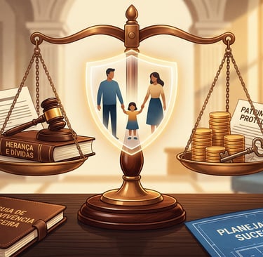 Golden scales of justice balancing family inheritance, legal gavel, and financial estate planning documents.