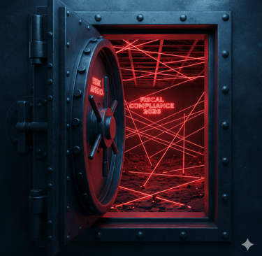Open vault door revealing fiscal compliance 2026 neon sign protected by red security lasers.