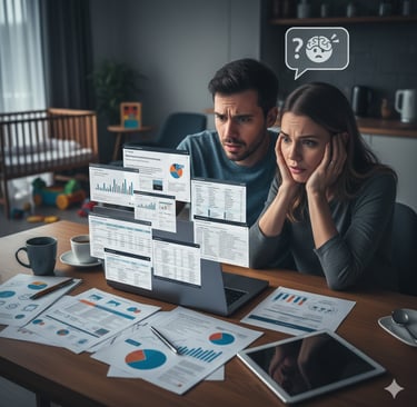 Pai com expressão de sobrecarga diante de uma tela com inúmeras opções de investimento.