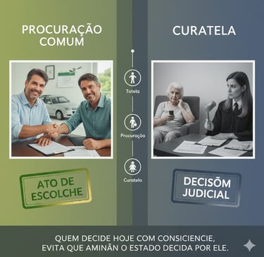 Comparação Procuração Comum (escolha) vs. Curatela (judicial). Planeamento incapacidade
