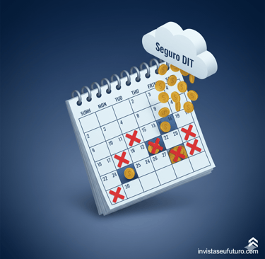 Nuvem "Seguro DIT" chovendo moedas sobre calendário com dias de trabalho perdidos