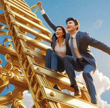 a man and woman standing on a golden staircase