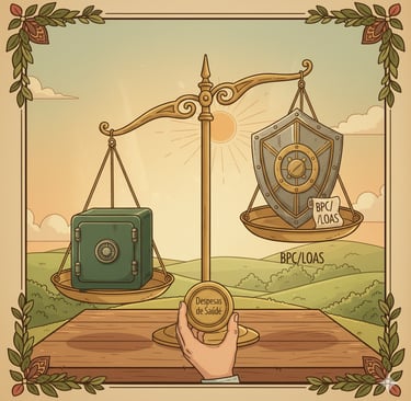 uma balança. De um lado, um cofre Do outro, um escudo