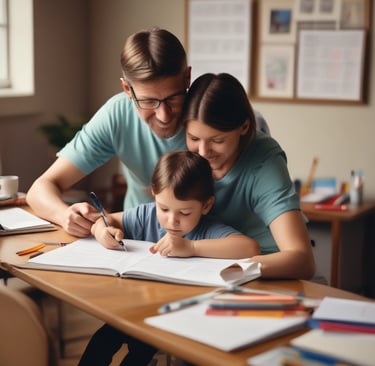 A young child and an adult are sitting at a wooden desk in a classroom, focusing on some written materials. The adult is holding a notebook and appears to be helping the child, who is intently looking at papers on the desk. Nearby are pencils and other school supplies.