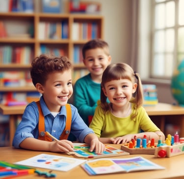 A group of young children sits at wooden desks in a classroom setting, with a teacher assisting them. The children are engaged in writing or drawing activities, wearing clothing typical of an earlier era. The teacher leans over to help some of the children, indicating an interactive and attentive learning environment. The room has a minimalist design with a blackboard and simple furniture.