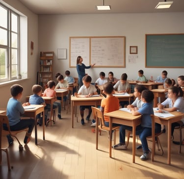 A classroom setting with children sitting at desks and an adult woman standing and interacting with them. The classroom has posters and decorations on the walls, including an alphabet and numbers chart, and a chalkboard with instructions. The woman is holding some items in her hands and seems to be engaging with the children, who are looking at her attentively.