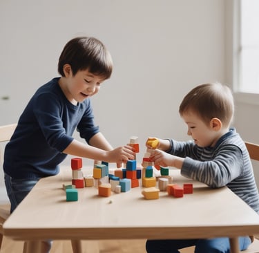 two children playing with blocks and blocks on a table