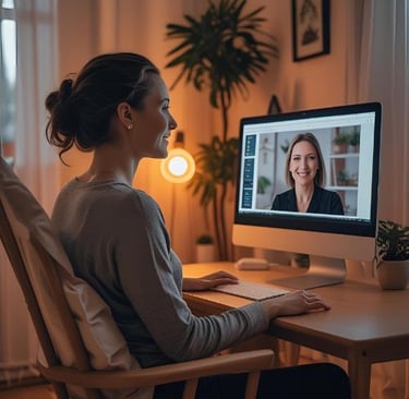 Client on Zoom regaining control through private hypnotherapy