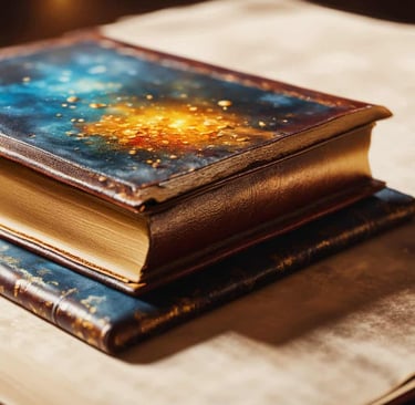 two fancy books stacked on top of a table.