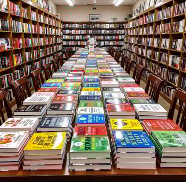 long table full of books at a bookstore.