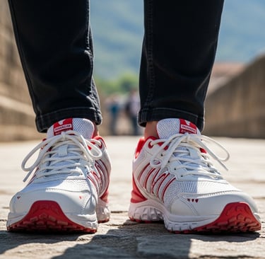 a person wearing red trail shoes and black pants