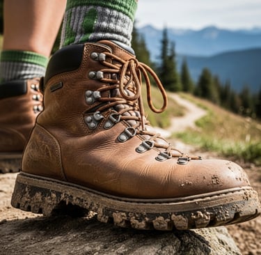 a person wearing hiking boots and socks with a mountain view
