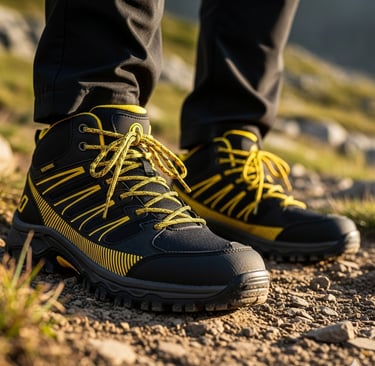 a person wearing black and yellow hiking shoes with yellow laces