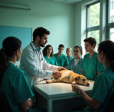 Curso de cirugía veterinaria con estudiantes y docente en práctica clínica.
