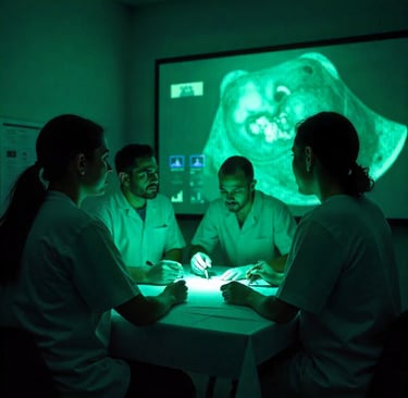 Estudiantes revisan ecografía veterinaria con guía profesional en consulta.