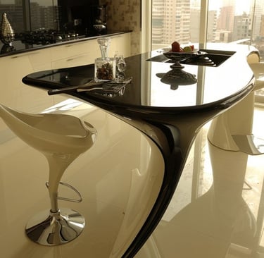 a modern kitchen with a table and chairs