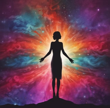 a woman standing on a hill with a colorful sky background