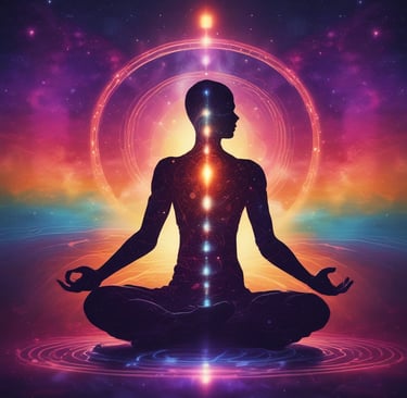 a man sitting in meditation position with a glowing light