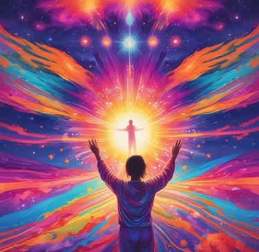 a man standing in front of a colorful painting of a person holding a cross
