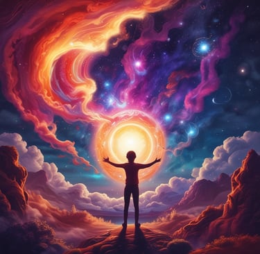 a man standing on a hill with a bright light shining through the clouds