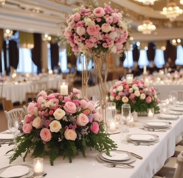 Several bouquets of flowers wrapped in white paper are arranged inside a decorative woven basket. The flowers include pale yellow and pink roses, as well as lilies and other blooms. The background features soft shadows and natural textures, creating a cozy and inviting atmosphere.