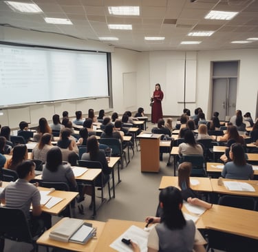 A historical classroom setting with several students seated at wooden desks. The teacher stands at the front near a blackboard filled with writings and diagrams. A globe is placed on a table, and educational charts hang on the walls.
