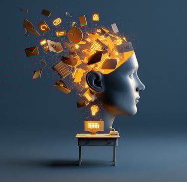 ADHD working memory overload illustration with cluttered, scattered thoughts.