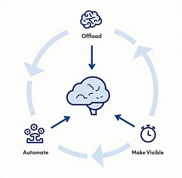 ADHD digital scaffolding infographic showing offloading, automation, visibility.