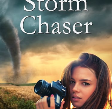 Book cover of Storm Chaser by Mark R. Hunter. Allie holds a camera to a tornado in a crop field..