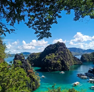 a view of a bay with boats and a blue sky  El Nido Palawan