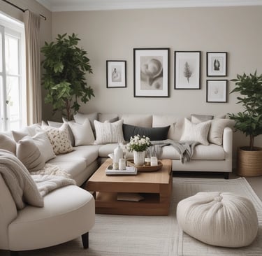 a living room with a large mirror and a round mirror