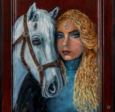 ‘’”Sanctuary of Two” woman with white horse oil painting.
