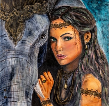 “Whispers of the Ancients” woman with elephant
