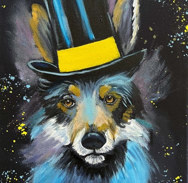 “Magic” a dog in a hat with a top hat