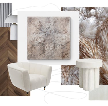 Modern interior design mood board featuring a white boucle chair, abstract art, and fluted marble textures.